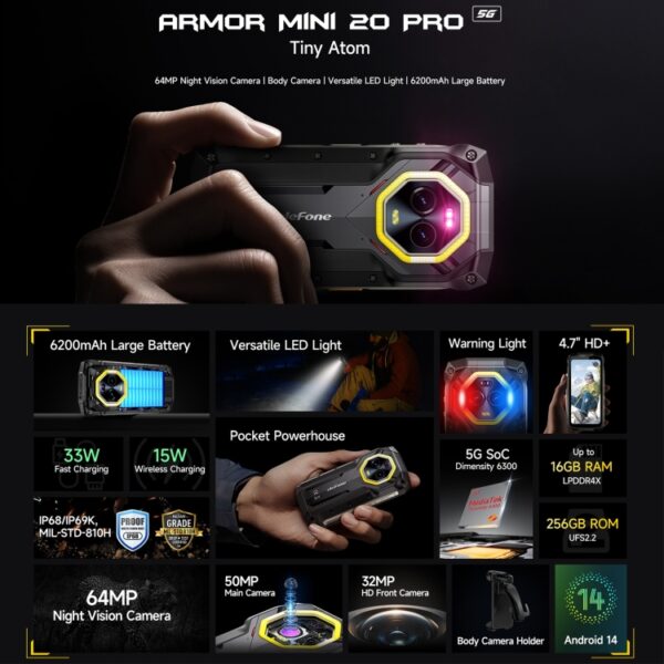 ULEFONE ARMOR MINI 20 PRO - 5G RUGGED SMARTPHONE - 16GB+256GB - NIGHT VISION - 6200MAH - ANDROID 14 - BLACK - Image 3