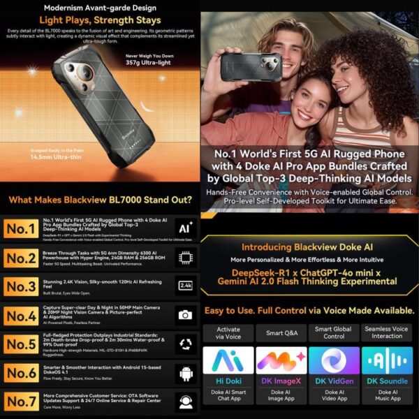 BLACKVIEW BL7000 – 5G RUGGED SMARTPHONE – 12GB+256GB – DIMENSITY 6300 - 7500 MAH BATTERY - EMBEDDED AI – 6.78 SCREEN – ANDROID 15 – ORANGE - Image 7