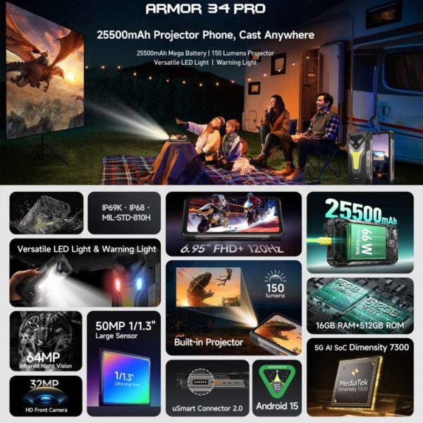 ULEFONE ARMOR 34 PRO - PROJECTOR – 5G RUGGED SMARTPHONE – 32GB+512GB – DIMENSITY 7300 – NIGHT VISION – ANDROID 15 – BLACK - Image 4