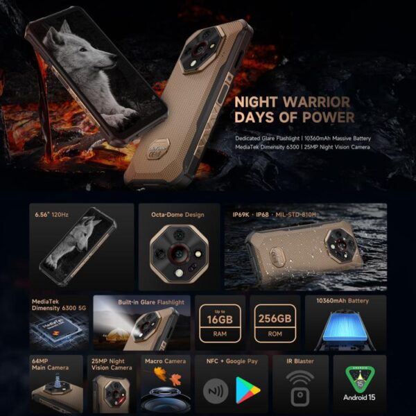 ULEFONE ARMOR X16 PRO - 5G RUGGED SMARTPHONE - 16GB+256GB - DIMENSITY 6300 - NIGHT VISION - 10360MAH BATTERY - ANDROID 15 - GOLD - Image 4