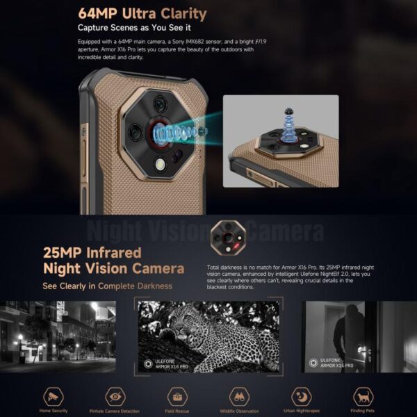 ULEFONE ARMOR X16 PRO - 5G RUGGED SMARTPHONE - 16GB+256GB - DIMENSITY 6300 - NIGHT VISION - 10360MAH BATTERY - ANDROID 15 - GOLD - Image 7