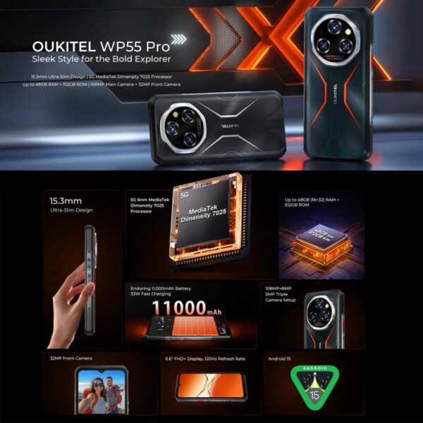 OUKITEL WP55 PRO - 5G RUGGED SMARTPHONE - 32GB+512GB - DIMENSITY 7025 - 108MP CAMERA - 6.6 SCREEN - ANDROID 15 - ORANGE - Image 5