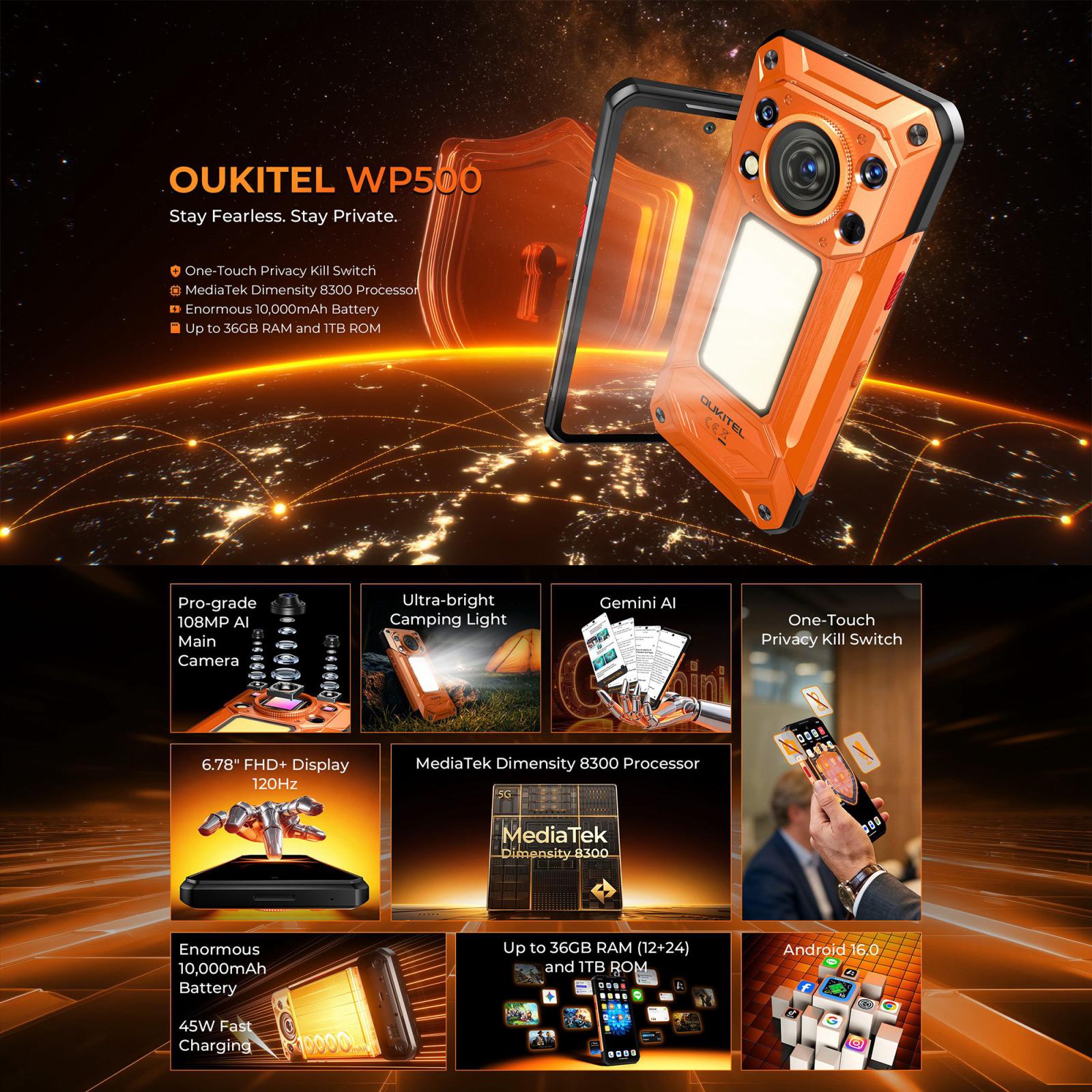 OUKITEL WP500 - 5G RUGGED PHONE - DIMENSITY 8300 - 32GB+1TB - 108MP CAMERA - NIGHT VISION - FINGERPRINT ID - 6.78 SCREEN - ANDROID 16 - ORANGE - Image 3