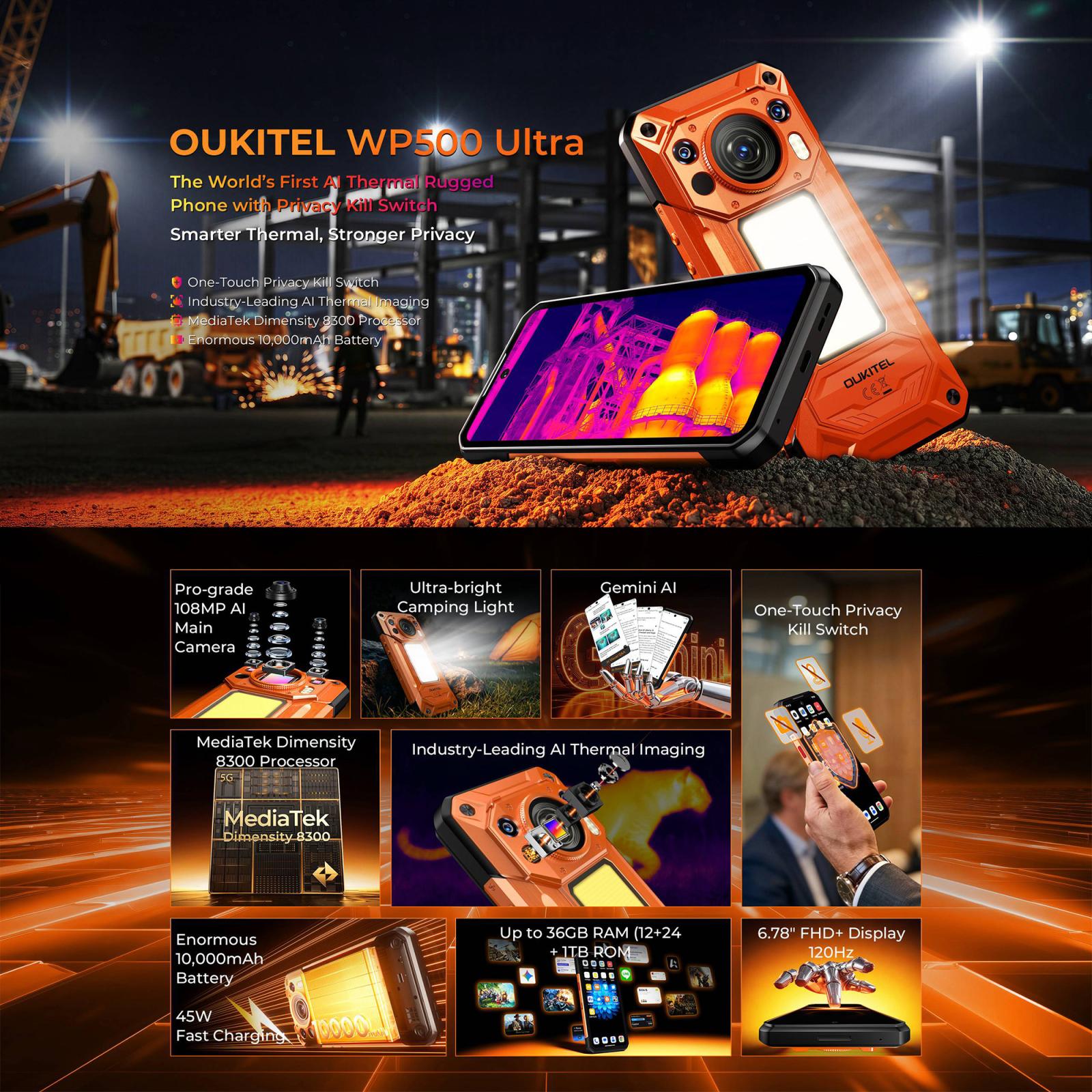 OUKITEL WP500 ULTRA -THERMAL IMAGING - 5G RUGGED PHONE - DIMENSITY 8300 - 32GB+1TB - 108MP CAMERA - NIGHT VISION - FINGERPRINT ID - 6.78 SCREEN - ANDROID 16 - ORANGE - Image 5